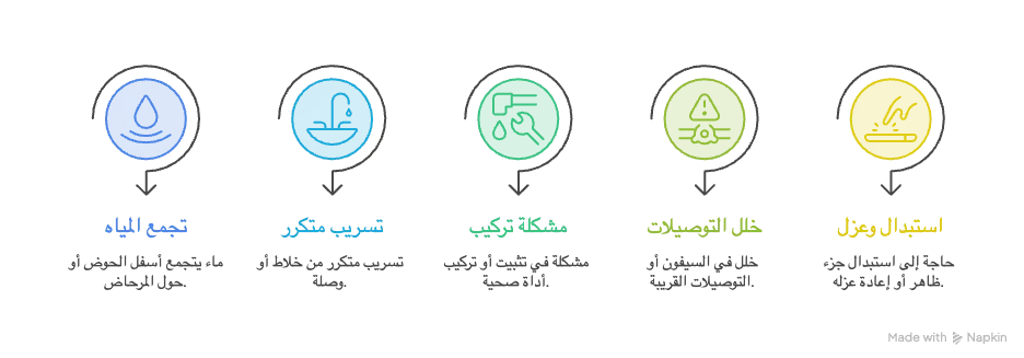 انفوجرافيك يوضح حالات استدعاء فني صحي مثل تجمع المياه، التسريب المتكرر، مشكلة التركيب، وخلل التوصيلات