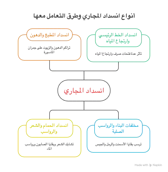 مخطط توضيحي يحدد أنواع انسداد المجاري وطرق التعامل معها مثل انسداد المطبخ والخط الرئيسي والحمام - شركة الصقر للسباكة